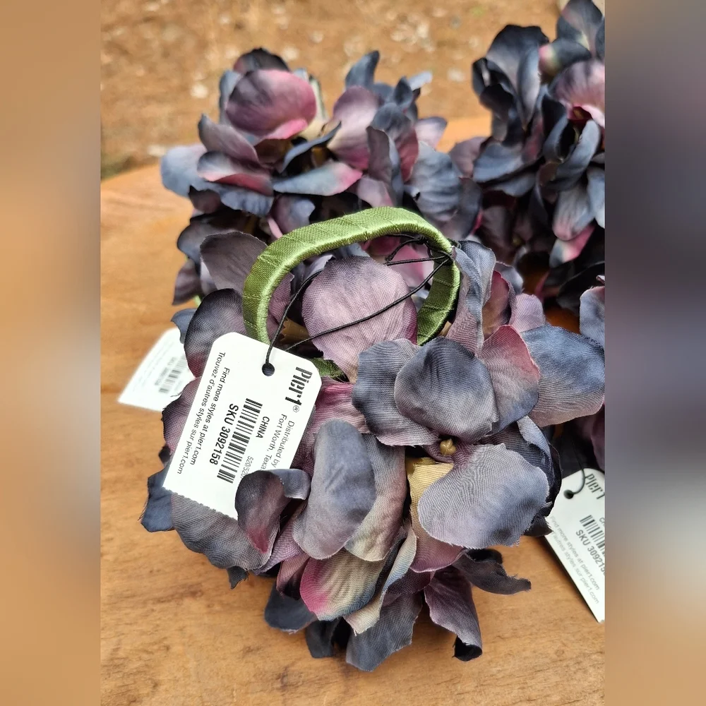 New Vintage Set Of 6 Pier 1 Pink Dark Purple Artificial Hydrangea Napkin Rings